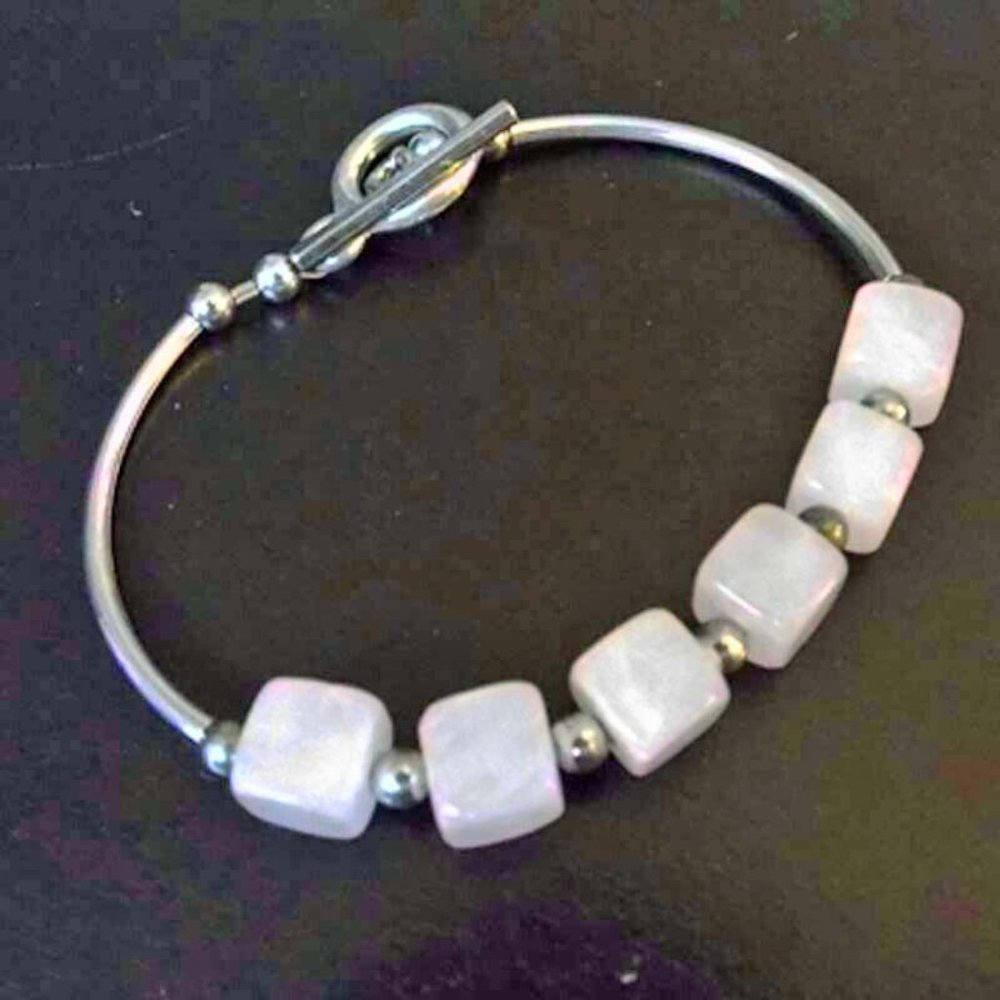 ROSE QUARTZ STONE CUBES SILVERY TOGGLE CLASP BRACELET 64